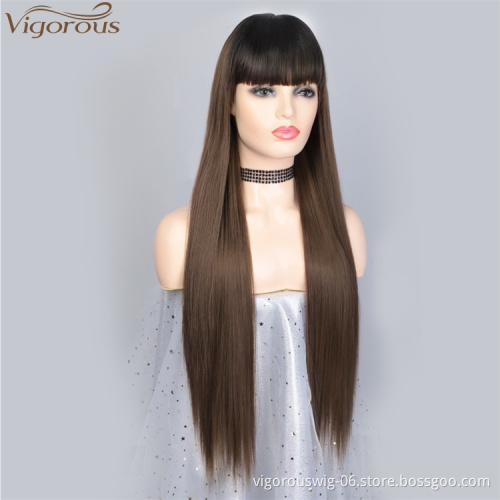 Vigorous Long Ombre Brown Wig Silky Straight Hair Wigs with Bangs Synthetic Hair Full Wigs for Women (Brown Straight with Bangs)